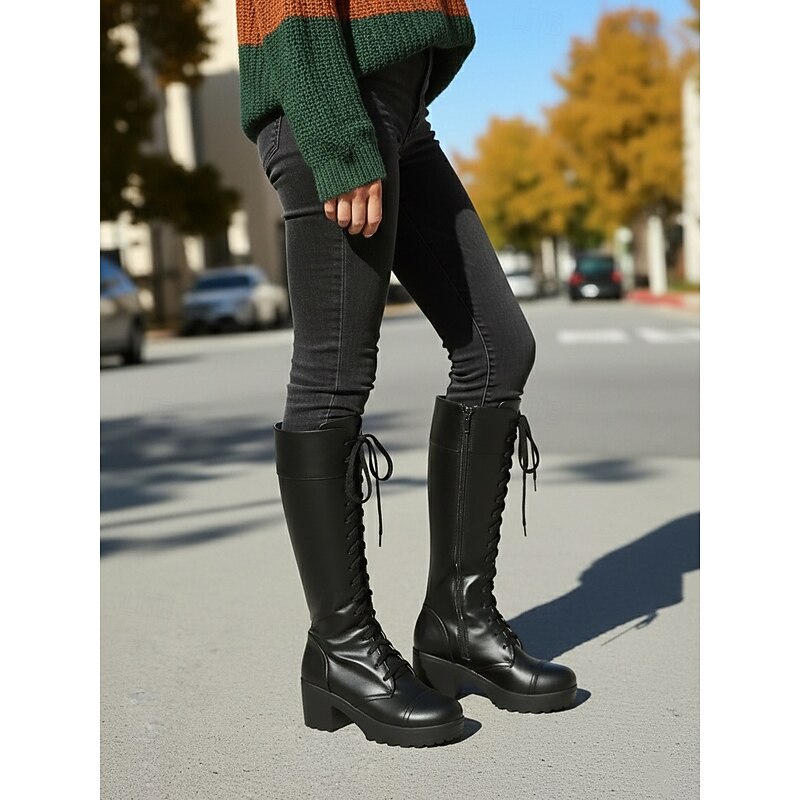 Women's Black Knee High Platform Lace-Up Boots - Chunky Heel Faux Leather Combat Style for Fall Winter Streetwear and Urban Outfits2
