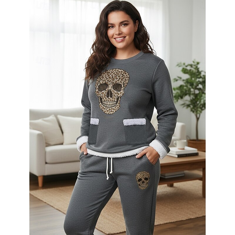 Women's Warm Daily Two Piece Sets Tracksuit Pants Sets Long Sleeve Crew Neck Graphic Drawstring Print Casual Daily Black Dark Pink Blue Fall Regular Fit