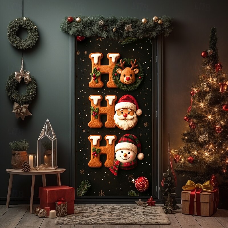 Christmas Door Cover, andy Cane, Gingerbread and Peppermint JOY Festive Backdrop Door Curtain for 2025 Xmas Party Indoor Outdoor Holiday Decorations2