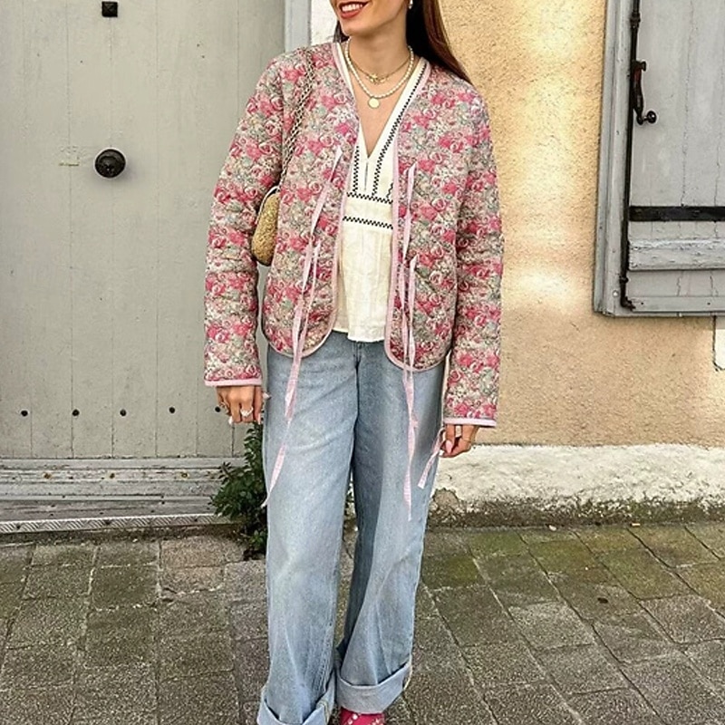 Women's Puffer Jacket Quilted Jacket Casual Jacket Comfortable Breathable Drawstring Retro Casual Floral Vacation Street Casual Daily Wear Cardigan Short V Neck Loose Fit Long Sleeve Outerwear Pink3