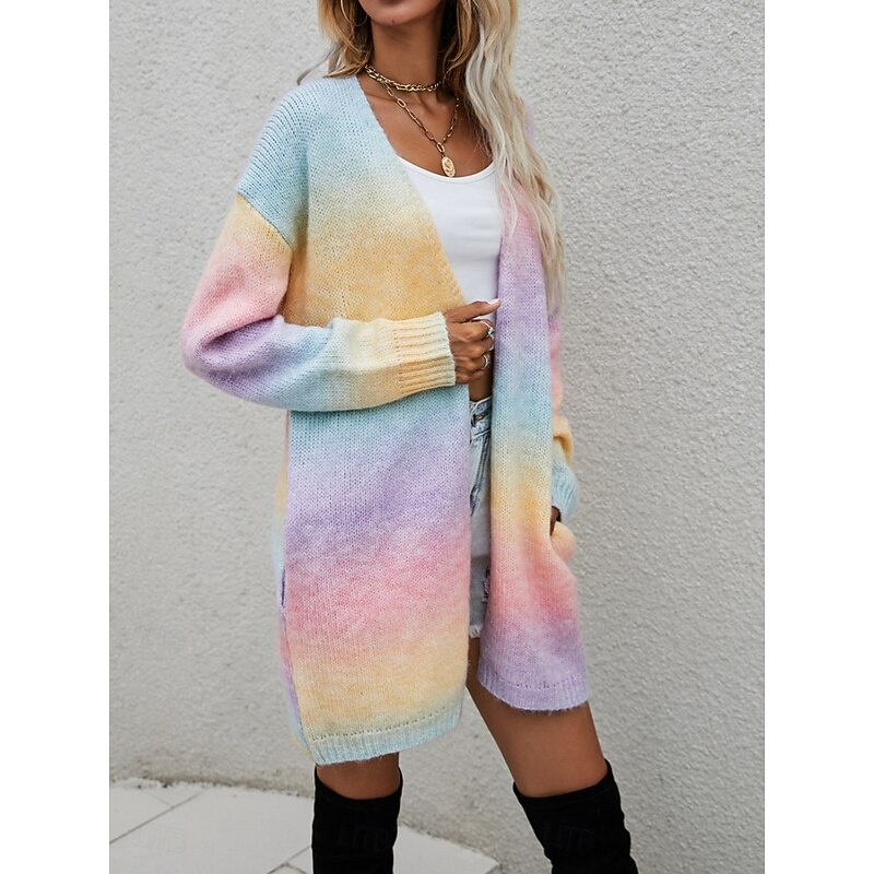 Women's Sweater Cardigan Elegant Fashion Streetwear Color Gradient Open Front Pocket Knitted Print Long Sleeve Regular Tops Knit Outdoor Daily Weekend Yellow Pink Spring Fall3