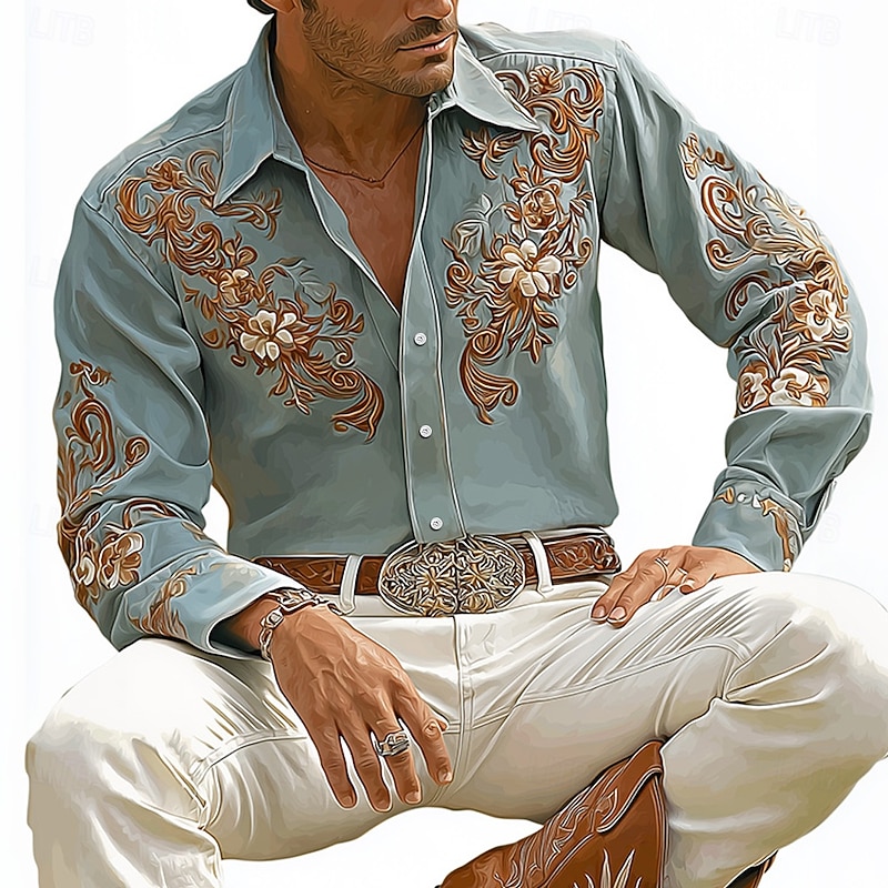 Men's Floral Print Flowers Shirt Western Shirt Cowboy Shirt Long Sleeve Vintage Retro Outdoor Vacation Spring Fall Turndown 3D Print Linen Like Shirt Blue Purple Khaki
