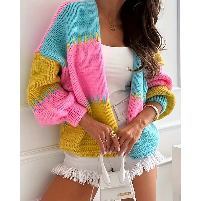 Women's Sweater Cardigan Streetwear Casual Color Block V Neck Patchwork Knitted Long Sleeve Regular Tops Knit Daily Going out Weekend Pink Orange Fall Winter2
