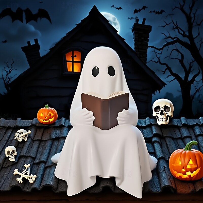 Halloween Cute Ghost Decoration Reading Book Resin Figurine Spooky Tabletop Desk Ornament, Haunted House Mini Statue, Creepy Cute Decoration for Home, Office & Party Decor3