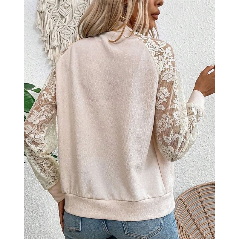 Women's Jacket Casual Jacket Comfortable Breathable Lace Zipper Pocket Fashion Modern Casual Floral Going out Weekend Zipper Regular Stand Collar Regular Fit Long Sleeve Outerwear Black White Spring4