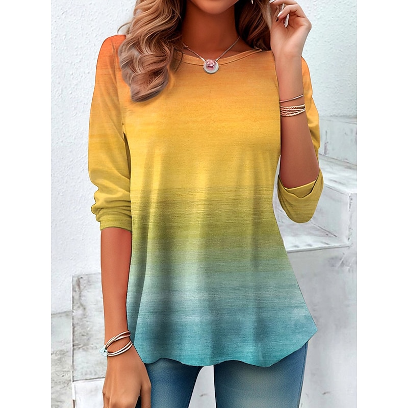 Women's T Shirt Graphic Geometric Vintage Stylish Casual Long Sleeve Crew Neck Regular Tops Daily Print Yellow Red Blue Purple Orange Spring Fall Winter2