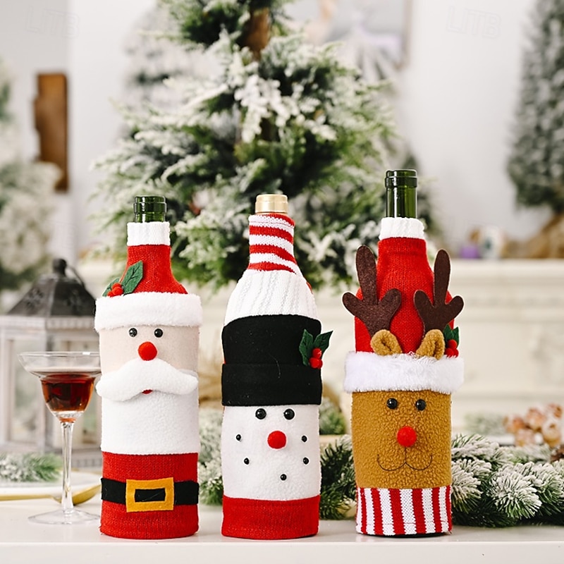 3pcs Christmas Knitted Plush Wine Bottle Covers Creative Cartoon Santa & Reindeer Wine Bags, Festive Holiday Table Decoration & Gift Wrap