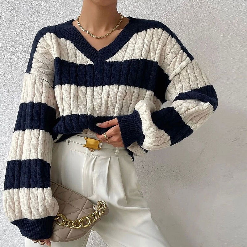 Women's Sweater Pullover Streetwear Casual Striped Cable V Neck Knitted Long Sleeve Regular Tops Knit Daily Holiday Going out Royal Blue Fall Winter2