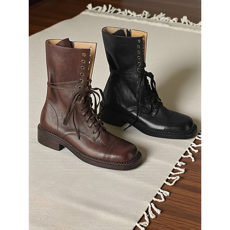 Women's Classic Maillard British Style Leather Lace Up Boots - Vintage Retro Combat Ankle Boots for Casual Autumn Winter Wear2