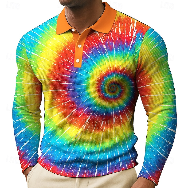 Men's Geometic Waffle Polo Shirts Long Sleeve Polo Shirts Collared Shirts Casual Street Daily Wear Buttons Spring Fall Winter Blue Orange