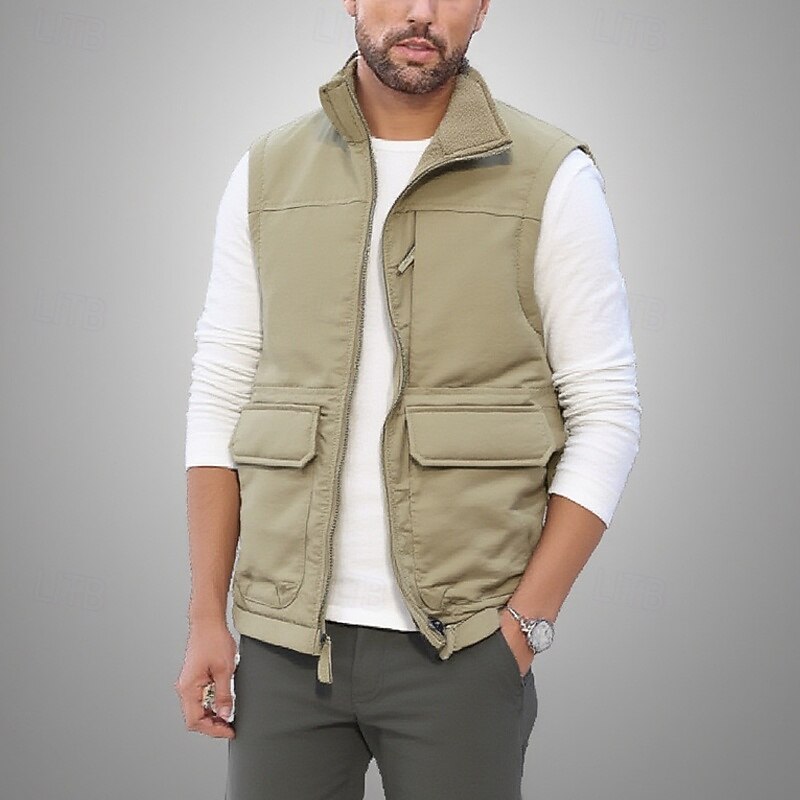 Men's Vest Gilet Fishing Vest Vacation Daily Date Fashion Casual Fall Winter Pocket Polyester Warm Comfortable Solid Color Zipper Stand Collar Regular Fit Black Khaki Dark Blue Gray Vest