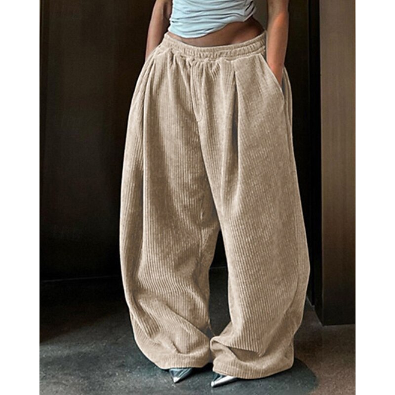 Women's Wide Leg Chinos Straight Vacation Vintage Streetwear Full Length Medium Waist Plain Pocket Elastic Waist Comfortable Micro-elastic Outdoor Street Holiday Navy Black Pink Blue Fall Winter - Main Image