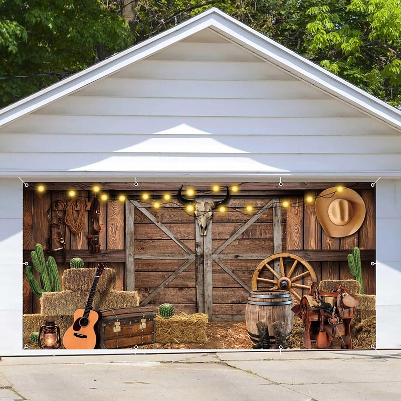 Tapestry Garage Door Cover Large Hanging Backdrop Cowboy Barn Bull Skull Rustic Cottagecore 3D Party Outdoor Shooting Backgrounds Front Door Home Decor3