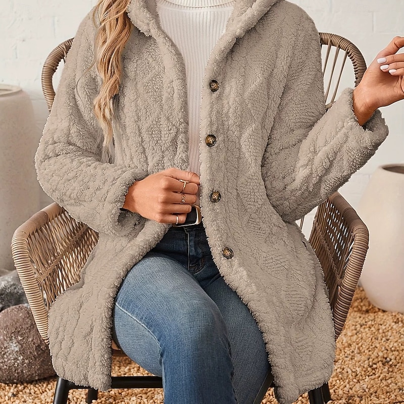 Women's Sherpa Jacket Comfortable Breathable Buttons Casual Plain Vacation Street Casual Daily Wear Single Breasted Long Hooded Regular Fit Long Sleeve Outerwear Black Pink Blue Spring Fall4