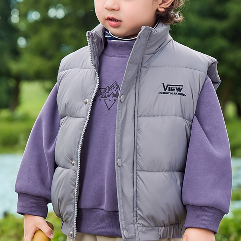 Kids Unisex Vest Coat Outerwear Solid Color Sleeveless Buttons Keep Warm Soft Breathable Coat Outdoor Cotton Fashion Daily Khaki Gray Fall Winter 4 years+4