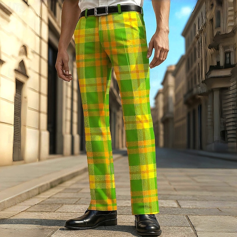 Men's Geometric Grid / Plaid Dress Pants Trousers Casual Pants Mid Waist Casual Formal Vacation Daily Summer Spring Fall 3D Print Blue Dark Green Green3