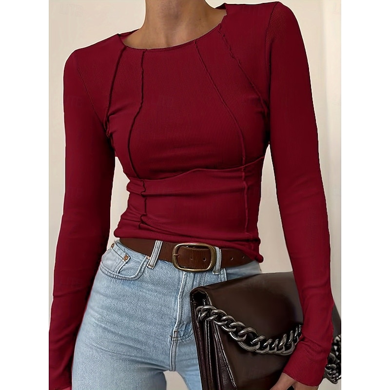 Women's Blouse Solid Color Stylish Casual Long Sleeve Crew Neck Regular Tops Daily Black White Wine Navy Blue Green Spring Fall4