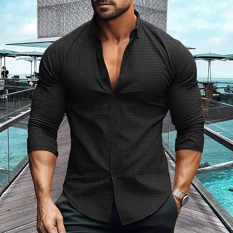 Men's Shirt Waffle Shirt Casual Shirt Button Up Shirt Black White Sky Blue khaki Long Sleeve Plain Lapel Casual Daily Clothing Apparel Elegant Fashion Casual4