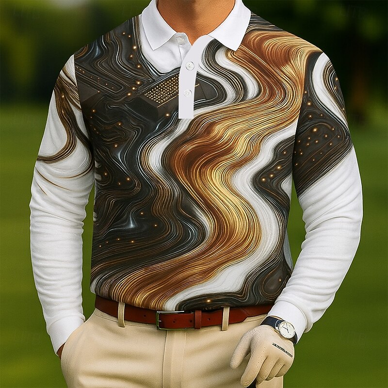 Men's Geometic Golf Polo Long Sleeve Polo Shirts Lapel Casual Outdoor Athleisure Daily Wear 3D Print Buttons Spring Fall Winter Lake blue White Blue3