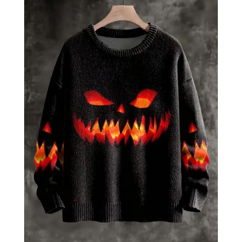 Men's Pullover Sweater Jumper Knit Sweater Ribbed Knit Regular Tops Knitted Print Pumpkin Crew Neck Halloween Vacation Daily Wear Clothing Apparel Drop Shoulder Fall Winter Black S M L2