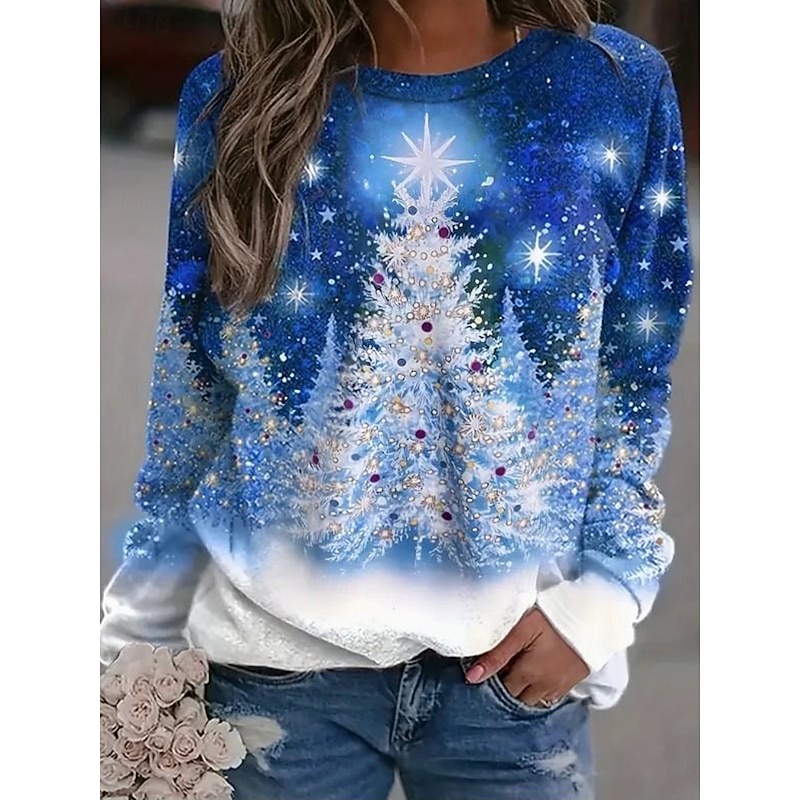 Women's Pullover Sweatshirt Graphic Christmas Tree Fashion Casual Long Sleeve Crew Neck Regular Tops Street Dailywear Casual Print Red Blue Light Blue Spring Fall Winter