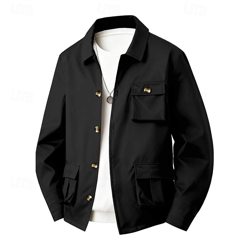 Men's Lightweight Jacket Cargo Jacket Casual Jacket Vacation Daily Waterproof Pocket Spring Fall Plain Fashion Classic Lapel Regular Black Navy Blue Khaki Army Green Gray Jacket2