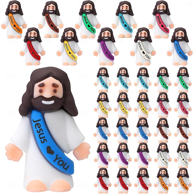 50/100pcs Little Jesus Figures Original Design Jesus Love You Mini Rubber Toys to Hide and Seek Christmas Religious Party Favors Sunday School Baptism Gifts(Fulgent Color)
