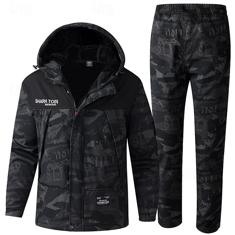 Men's Hiking Jacket Fleece Jacket Puffer Jacket Thermal Set Winter Outdoor Camo Thermal Warm Waterproof Windproof Top Black Green3