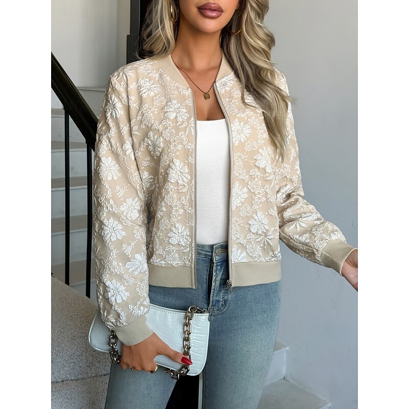 Women's Bomber Jacket Casual Jacket Comfortable Breathable Zipper Elegant Casual Floral Vacation Street Casual Daily Wear Zipper Short Stand Collar Regular Fit Long Sleeve Outerwear Khaki Spring Fall