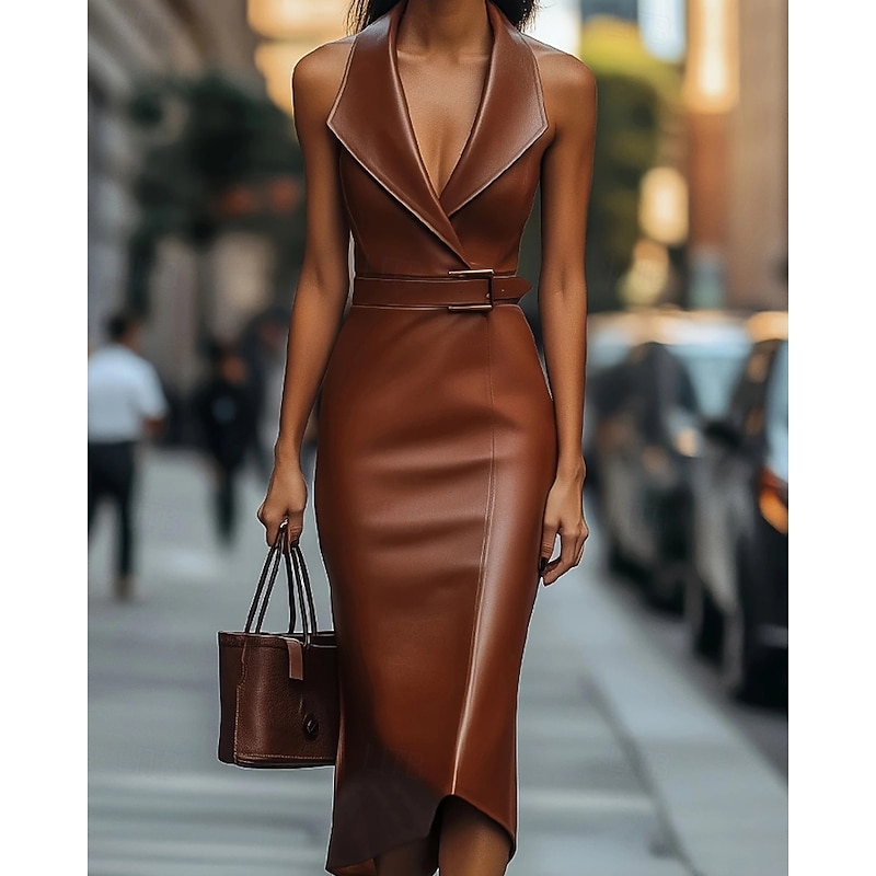Women's Midi Dress Bodycon Leather Dress Elegant Fashion Modern Outdoor Party Going out Regular Fit Plain Sleeveless Crew Neck Brown Spring Fall Autumn - Main Image