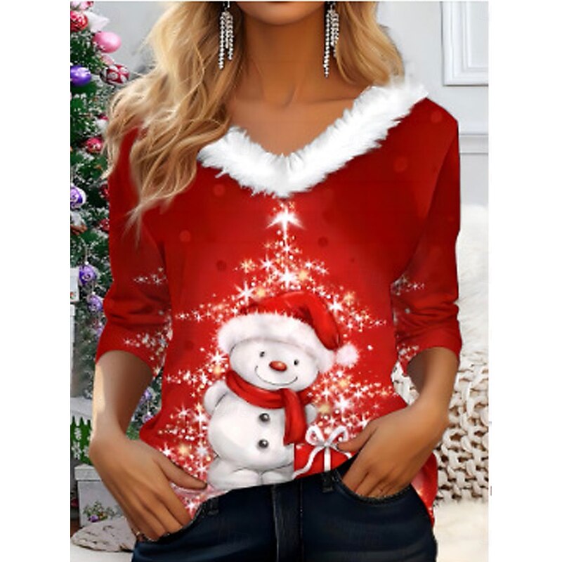 Christmas Women's T Shirt Graphic Christmas Tree Vintage Stylish Classic Long Sleeve V Neck Regular Tops Daily Patchwork Print Black White Red Fall Winter3
