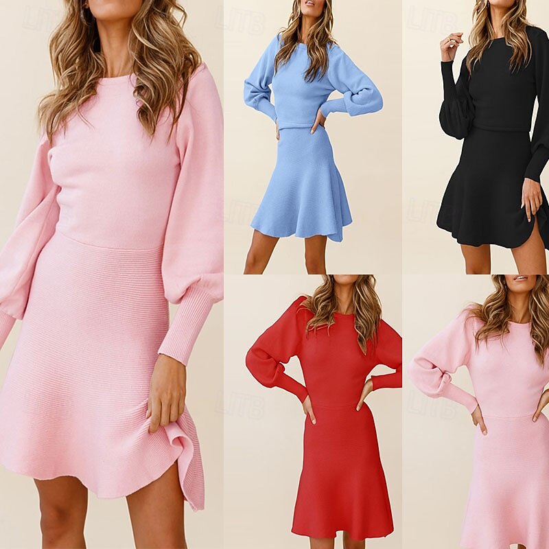 Women's Mini Dress Sweater Dress Elegant Fashion Modern Puff Sleeve Daily Holiday Going out Regular Fit Plain Long Sleeve Crew Neck Black Pink Red Blue Fall Winter