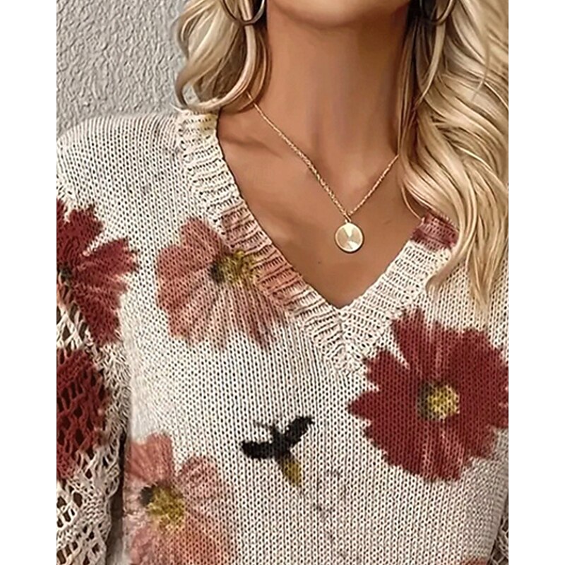 Women's Sweater Fashion Basic Casual Floral Ribbed V Neck Knitted Long Sleeve Regular Tops Knit Outdoor Daily Weekend Red Fall Winter2