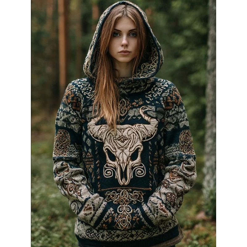 Viking Boho Women's Pullover Hoodie Sweatshirt Graphic Geometric Western Ethnic Casual Long Sleeve Hooded Regular Tops Street Casual Patchwork Print Front Pocket3