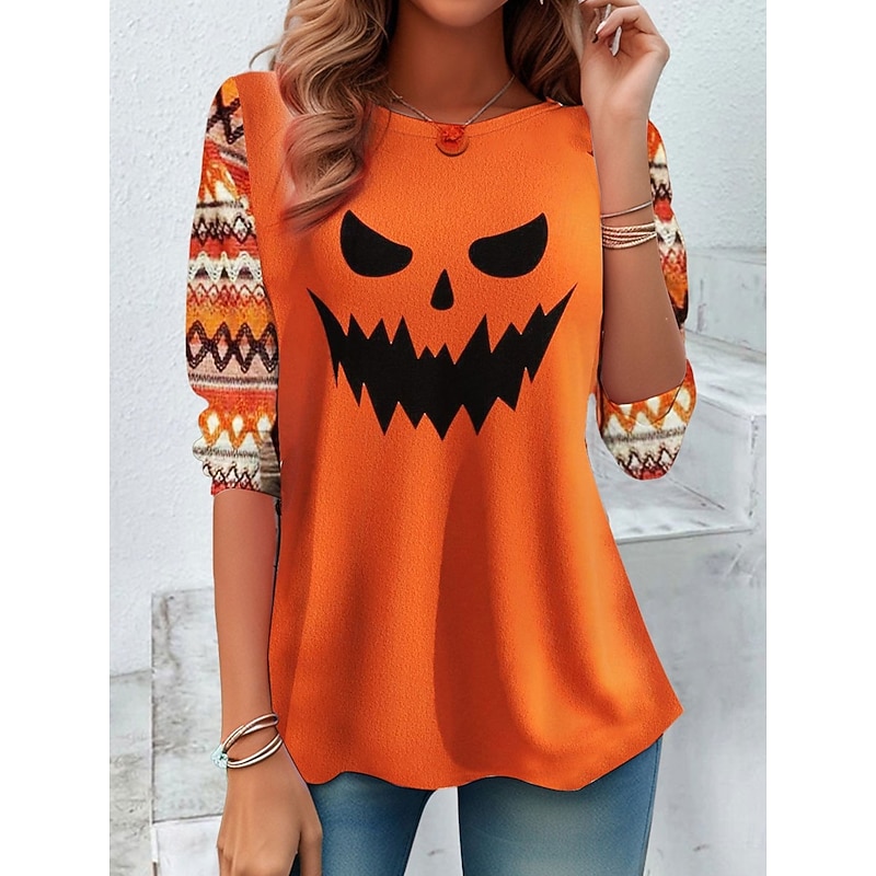 Halloween Women's T shirt Pumpkin Graphic Ghost Vintage Fashion Stylish Long Sleeve Crew Neck Regular Tops Daily Weekend Print White Yellow Orange Spring Fall