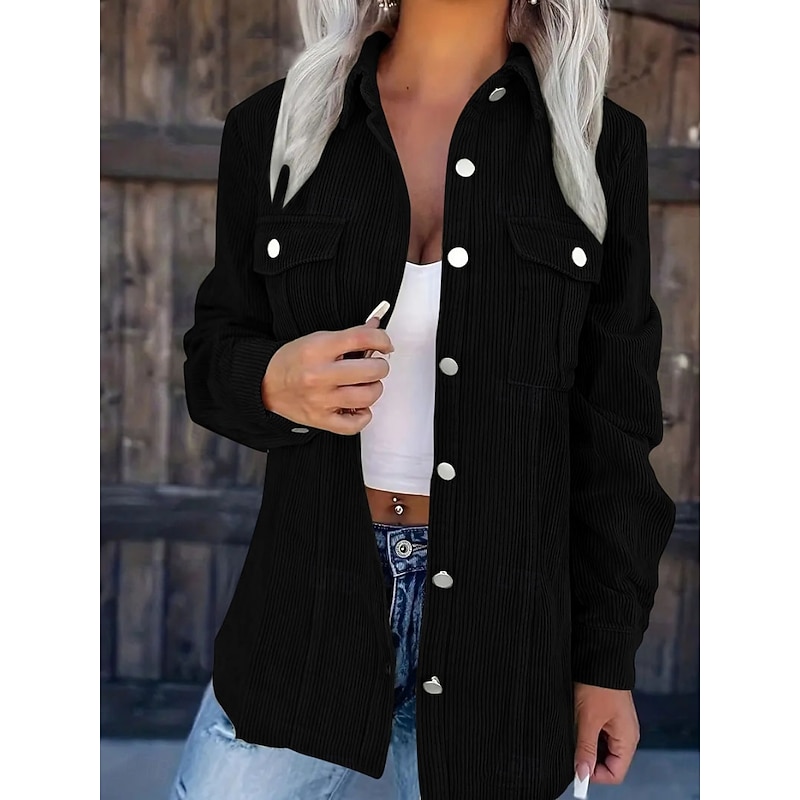 Women's Casual Jacket Shacket Comfortable Breathable Pocket Buttons Casual Plain Vacation Street Casual Daily Wear Single Breasted Regular Turndown Regular Fit Long Sleeve Outerwear Black Green2