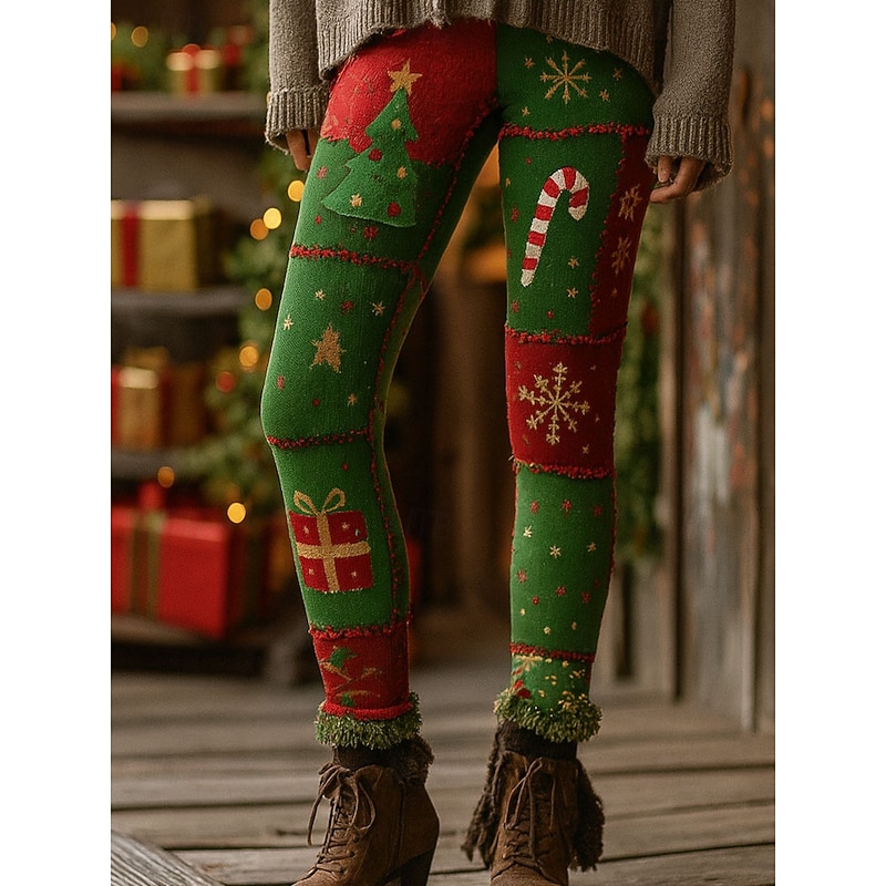 Women's Leggings Vacation Vintage Ethnic Style Full Length High WaistPantsUgly Christmas Graphic Santa Claus Christmas Tree 3D Print Quick Dry Breathability Soft Stretchy Outdoor Home Causal Red Navy2