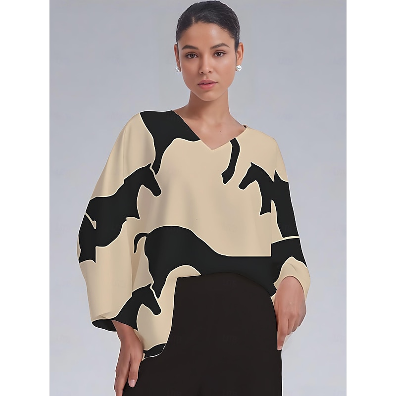 Women's Blouse Satin Abstract Color Block Loose Dolman Sleeve V Neck Pullover Casual Elegant Spring Summer Fall