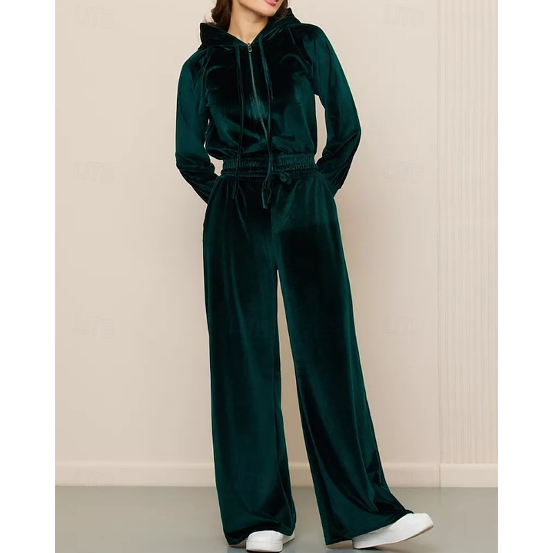 Women's Active Fashion Blouse Hoodie Pants Sets Long Sleeve Hooded Solid Color Drawstring Zipper Holiday Daily Wear Going out Black Pink Navy Blue Fall Regular Fit