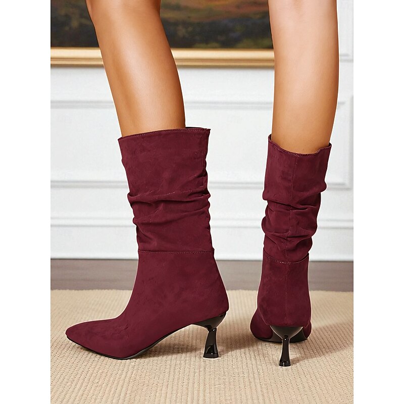 Women's Burgundy Suede Kitten Heel Boots with Ruched Design and Tied Accent – Stylish Fall and Winter Fashion for Casual and Semi-Formal Occasions4