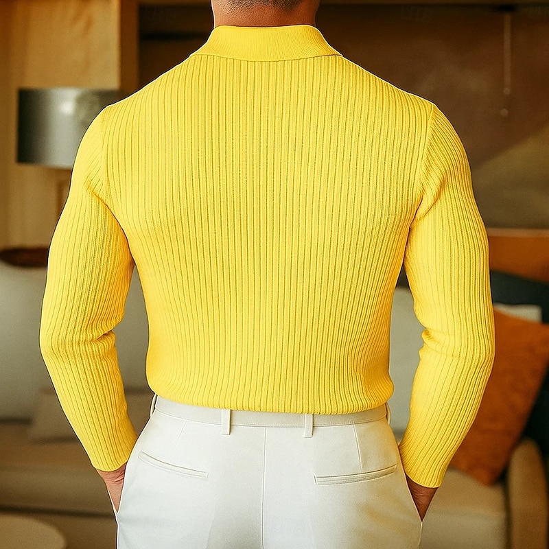 Men's Polo Shirts Rib Knit Top Business Casual Ribbed Polo Collar Long Sleeve Fashion Basic Solid Color Plain Knitting Fall Winter All Seasons Slim Fit Green Polo Shirts3