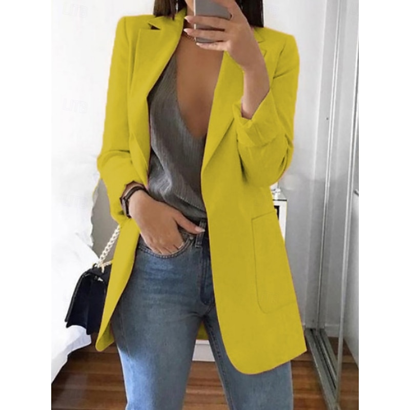 Women's Blazer Comfortable Breathable Pocket Casual Plain Office Street Casual Daily Wear Open Front Long Turndown Regular Fit Long Sleeve Outerwear White Yellow Pink Spring Fall4