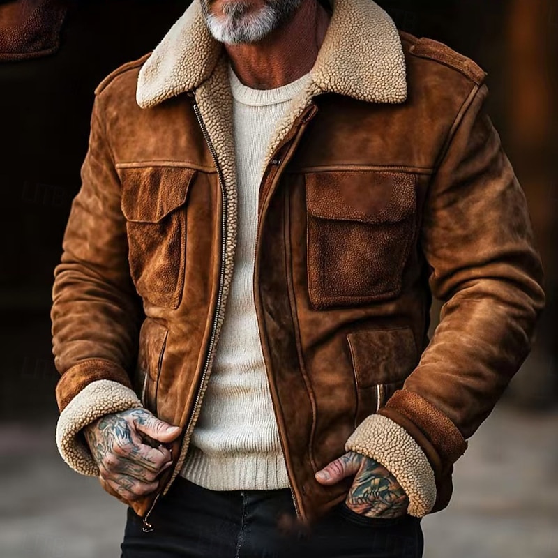 Men Faux Suede Jacket Fleece Jacket Business Casual Windbreaker Fleece Fall Winter Color Block Casual WorkWear Regular Brown Coffee Jacket