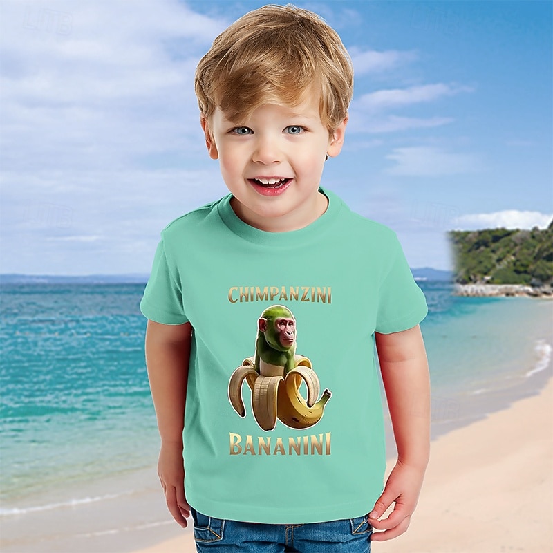 5pcs Boys' Summer Short Sleeve T-Shirts  Casual Round Neck Tops in Assorted Colors Playful Graphic Tee Design Comfortable Fit Shirt - Crocodile Cappuccino Tral Shark Dong Dong Coconut Elephant3