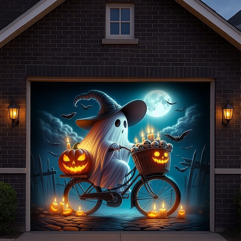 Halloween Garage Door Cover Ghost Pumpkin and Bat Banner Haunted House Horror Scene Spooky Backdrop Tapestry for Outdoor Wall Fence Yard Halloween Party Decoration3