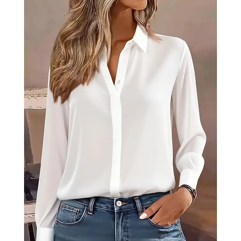 Women's Shirt Elegant Dressy Satin Plain Elegant Stylish Long Sleeve Shirt Collar Regular Tops Holiday Going out Buttons Black White Spring Fall