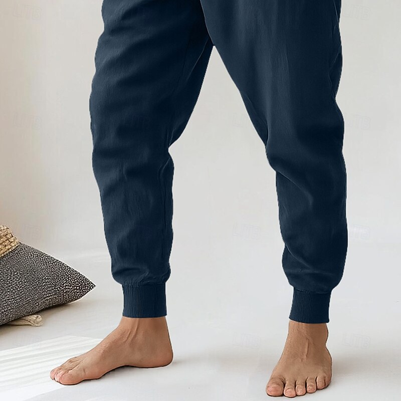 Men's Linen Pants Trousers Summer Pants Harem Pants Drawstring Solid Color Knee Length Outdoor Vacation Home Vacation Ethnic Style Black Navy Blue Low Waist Micro-elastic3