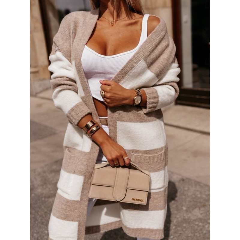 Women's Sweater Cardigan Elegant Fashion Streetwear Striped Open Front Knitted Long Sleeve Long Tops Knit Outdoor Daily Weekend Pink Blue Fall Winter2
