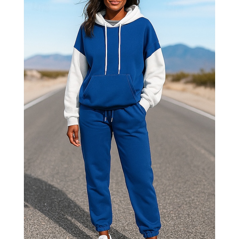 Women's 2 Piece Tracksuit Lounge Hoodie Sweatsuit Sets Baggy with Pocket Color Block Clothing Suit Fall Black Blue Hiking Vocation Outdoor Long Sleeve Sport Activewear Micro-elastic Regular Fit