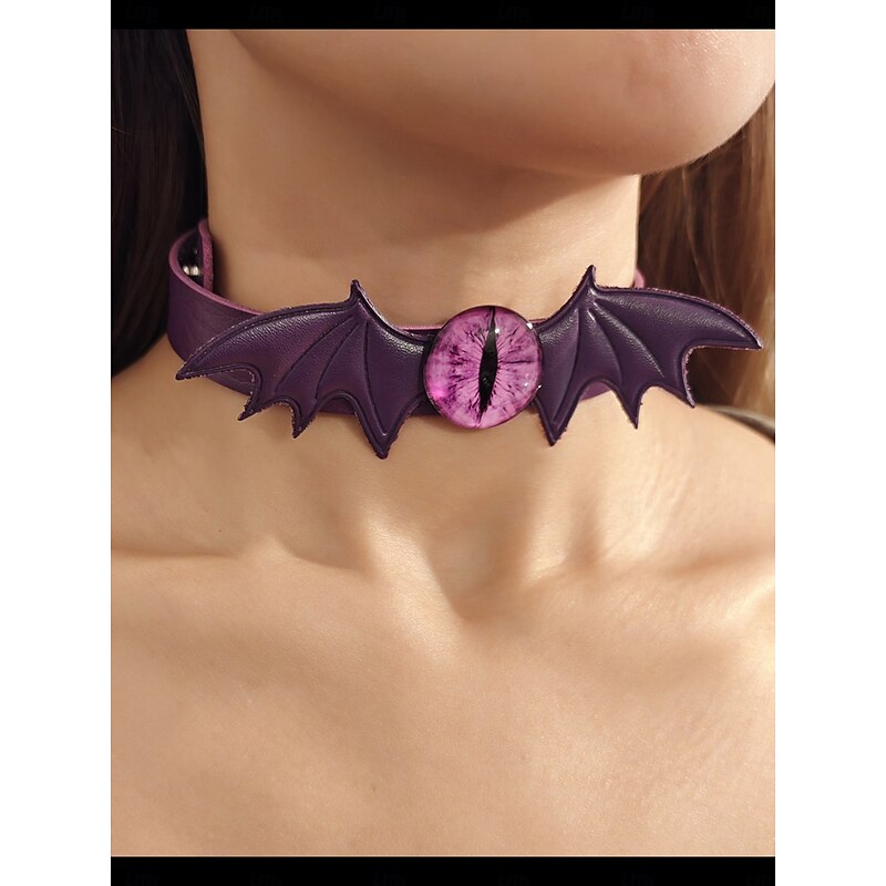 Women's Gothic Bat Choker Necklace - Purple Leather with Cat Eye Charm for Halloween Costume Party and Dark Fashion